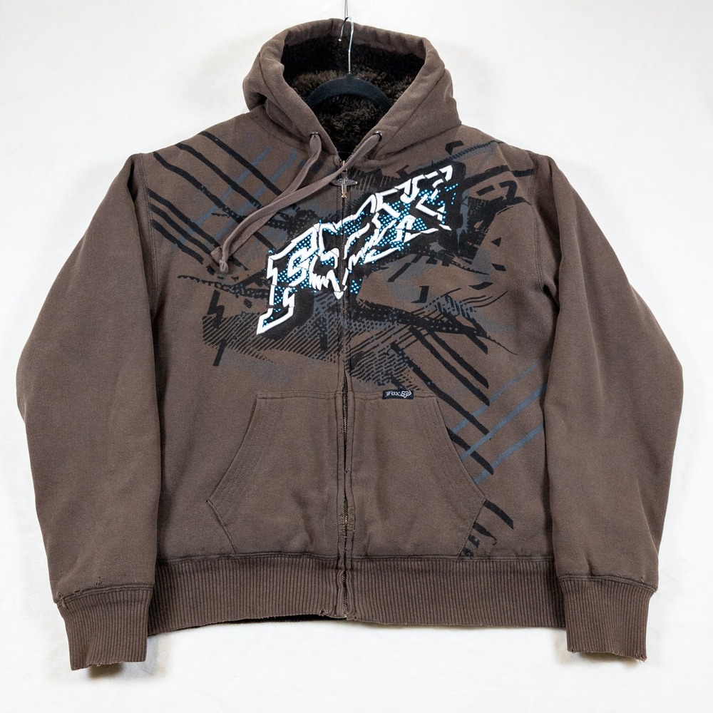 VTG Fox Racing Sasquatch Zip Hoodie Men L Brown Sherpa Lined Y2K Gorpcore Indie